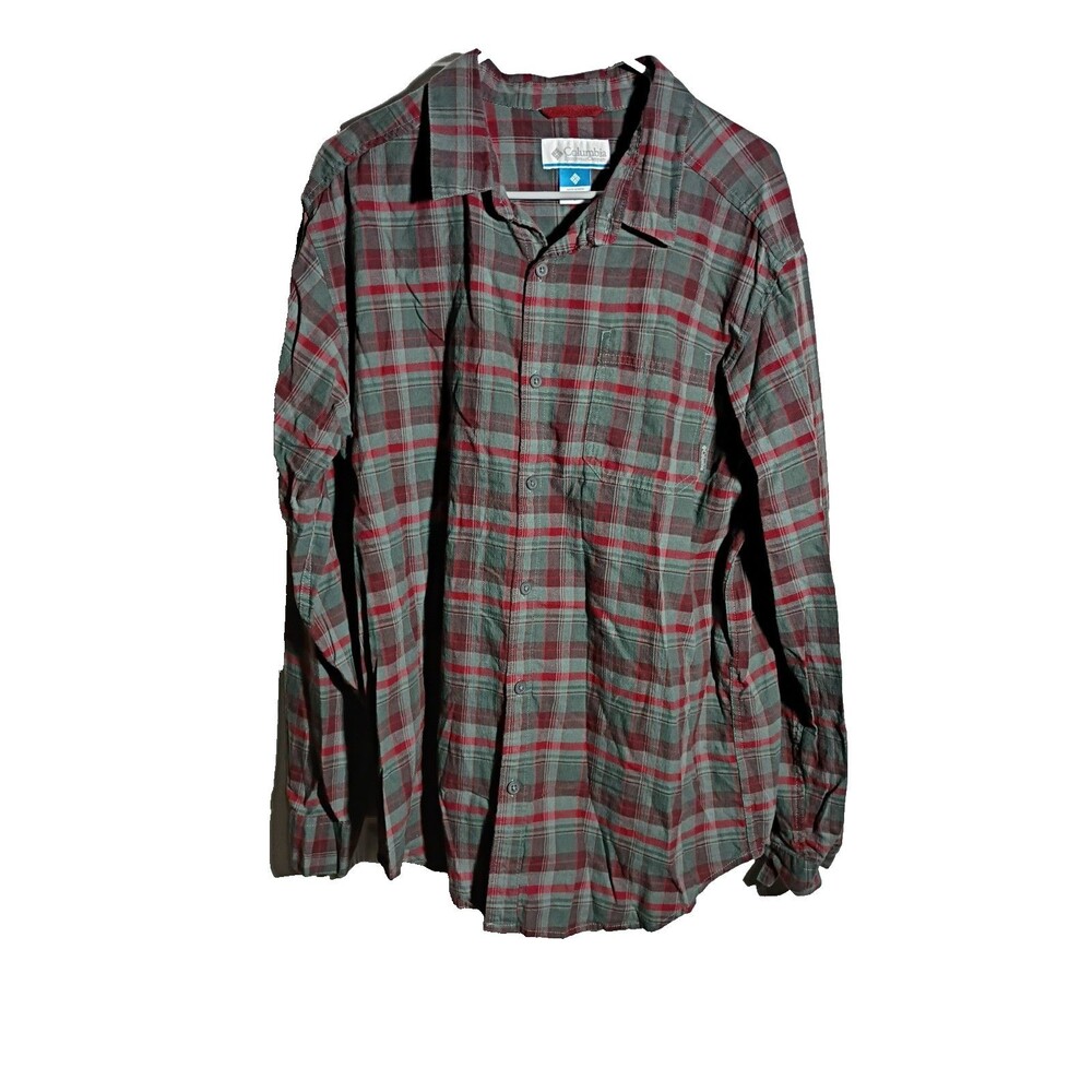 Columbia Men's L Plaid Red Grey LS Collared Buttonup cabin core casual outdoor